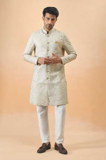 Buy Arihant Rai Sinha Green Jacquard, Silk Sherwani And White Pant Set Online at Aza Fashions Buy_Arihant Rai Sinha_Green Jacquard, Silk Sherwani And White Pant Set _Online_at_Aza_Fashions