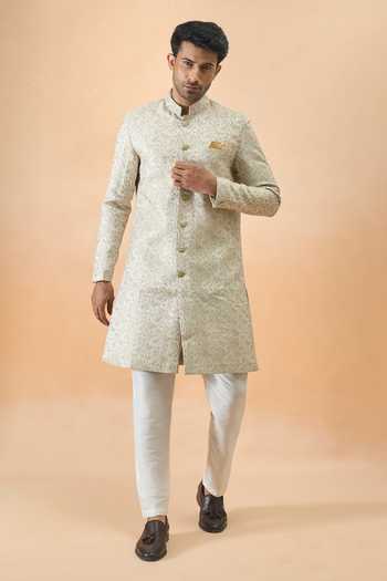 Shop Arihant Rai Sinha Green Jacquard, Silk Sherwani And White Pant Set Online at Aza Fashions Shop_Arihant Rai Sinha_Green Jacquard, Silk Sherwani And White Pant Set _Online_at_Aza_Fashions