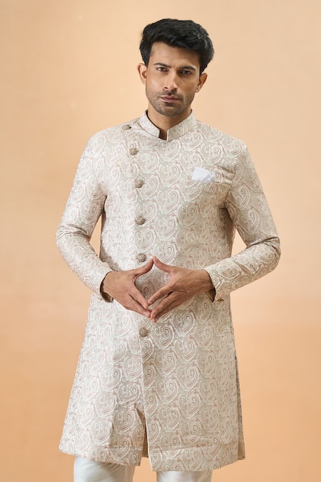 Arihant Rai Sinha_Off White Jacquard, Silk Designer And Pink Sherwani Set _at_Aza_Fashions