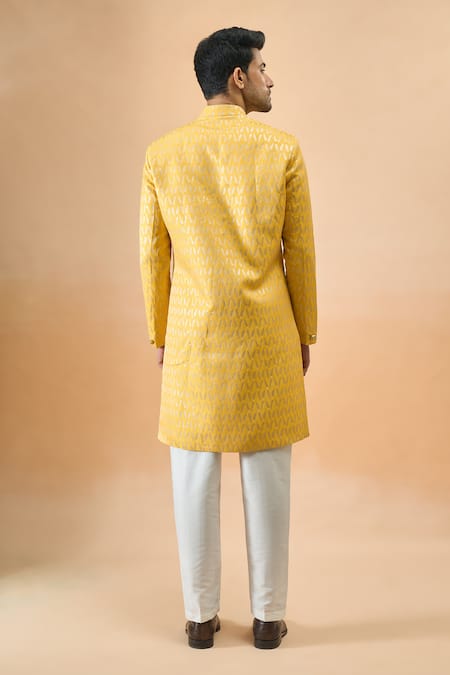 Arihant Rai Sinha Yellow Jacquard Sherwani & White Pant Set 