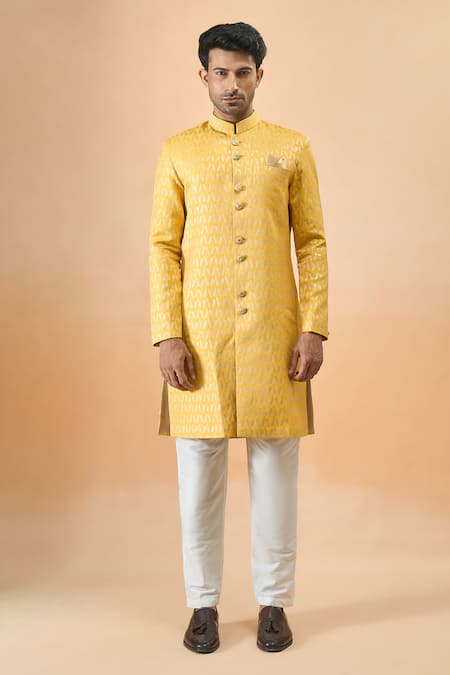 Buy_Arihant Rai Sinha_Yellow Jacquard Sherwani And White Pant Set _Online_at_Aza_Fashions