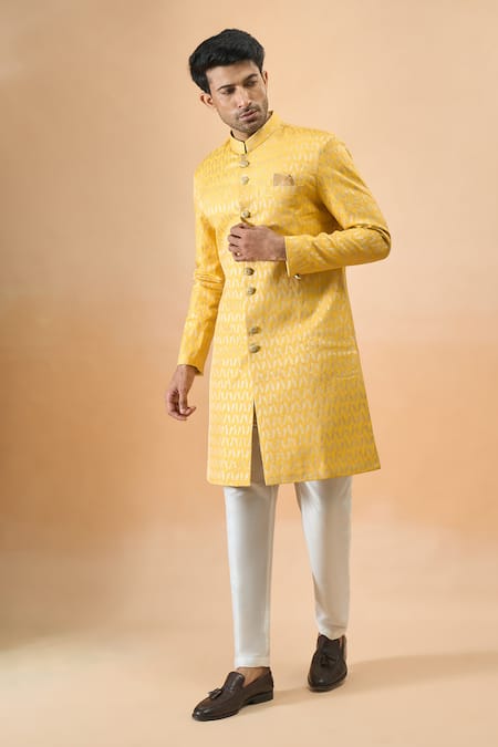 Shop_Arihant Rai Sinha_Yellow Jacquard Sherwani And White Pant Set _Online_at_Aza_Fashions