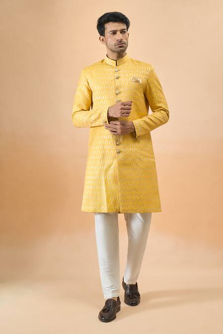 Arihant Rai Sinha_Yellow Jacquard Sherwani And White Pant Set _at_Aza_Fashions