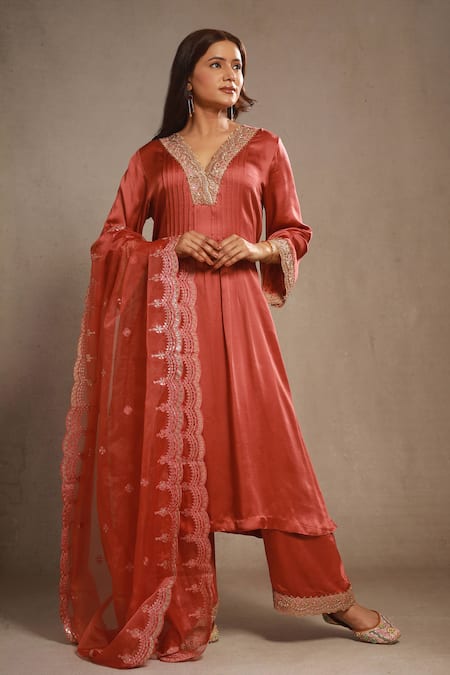 Sonali Methi Rust Satin, Organza Embroidery Round Neck Orange Kurta Set