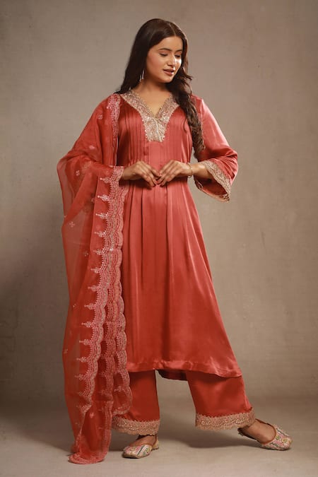 Sonali Methi_Rust Satin, Organza Embroidery Round Neck Orange Kurta Set _Online_at_Aza_Fashions