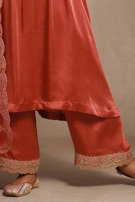 Buy_Sonali Methi_Rust Satin, Organza Embroidery Round Neck Orange Kurta Set _Online_at_Aza_Fashions