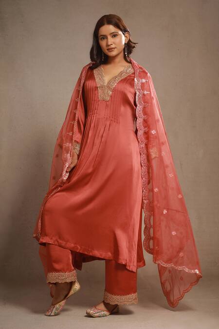 Shop_Sonali Methi_Rust Satin, Organza Embroidery Round Neck Orange Kurta Set _Online_at_Aza_Fashions
