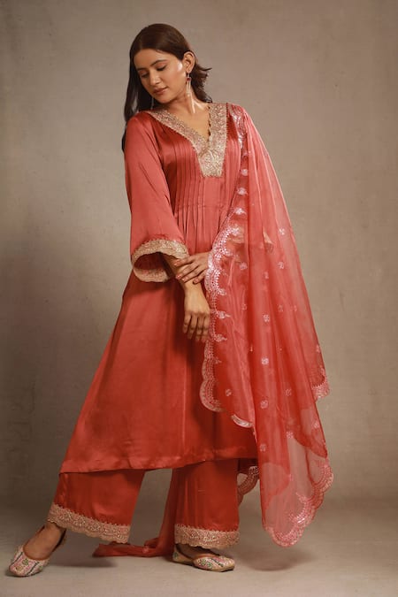 Sonali Methi_Rust Satin, Organza Embroidery Round Neck Orange Kurta Set _at_Aza_Fashions