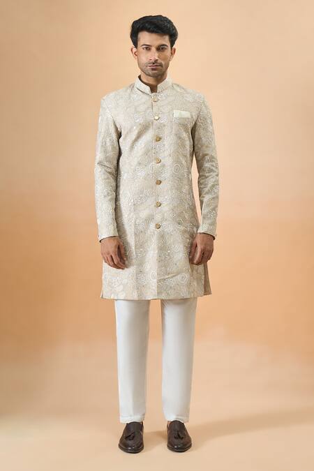 Buy_Arihant Rai Sinha_Beige Silk Sherwani With White Pant _Online_at_Aza_Fashions