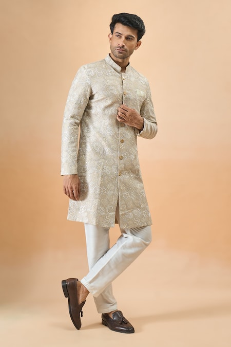 Shop_Arihant Rai Sinha_Beige Silk Sherwani With White Pant _Online_at_Aza_Fashions