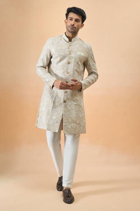 Arihant Rai Sinha_Beige Silk Sherwani With White Pant _at_Aza_Fashions