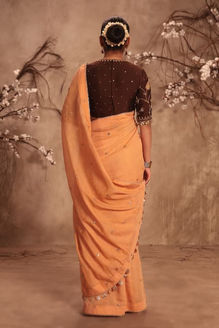 Shop Label Niti Bothra Orange Tissue Mirrors, Zari Embroidered Saree Set at Aza Fashions Shop_Label Niti Bothra_Orange Tissue Mirrors, Zari Embroidered Saree Set _at_Aza_Fashions