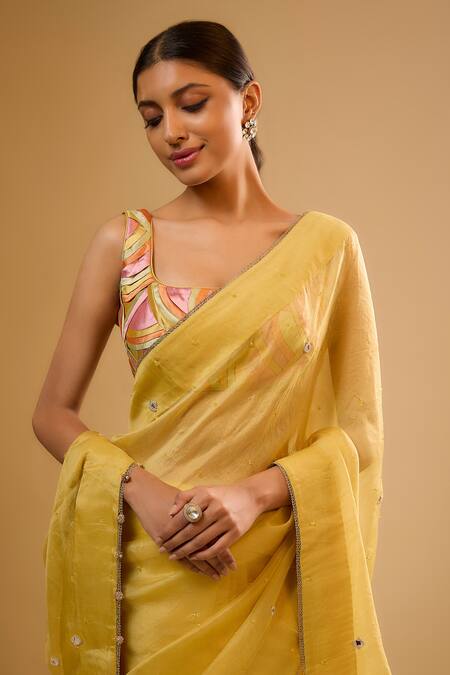 Label Niti Bothra Yellow Organza Mirrors, Applique Square Neck Saree Set Online at Aza Fashions Label Niti Bothra_Yellow Organza Mirrors, Applique Square Neck Saree Set _Online_at_Aza_Fashions