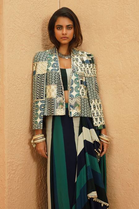 Sva By Sonam & Paras Modi_Multi Color Crepe Round , Open Printed Drape Skirt And Cape Jacket Set_at_Aza_Fashions