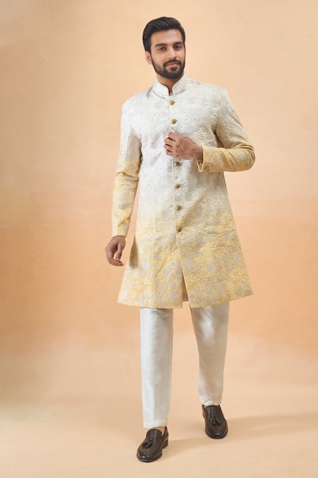Arihant Rai Sinha Cream & Yellow Embroidered Sherwani Set 