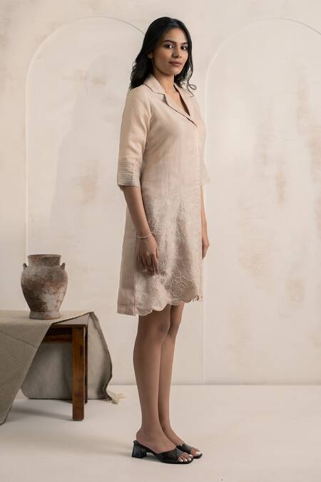 Buy_Neelu And Manvi_Beige Organza Embroidery Collared Pink Machine Dress _Online_at_Aza_Fashions