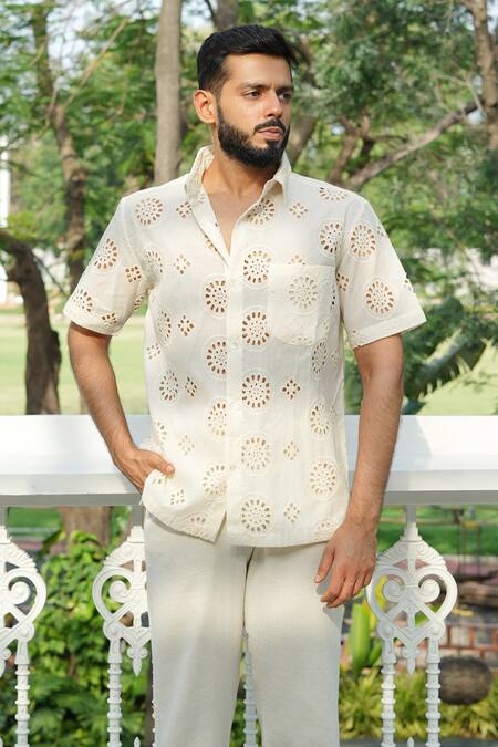 Buy_RAAS LIFE_Cream Cotton Cut Work Geometry Embroidered Shirt _Online_at_Aza_Fashions