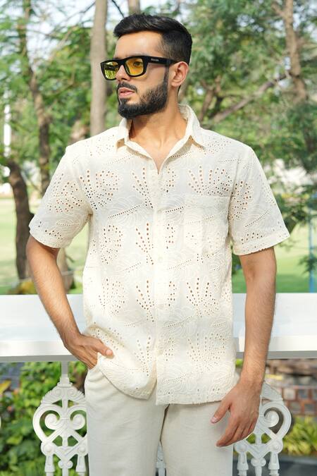 Shop_RAAS LIFE_Cream Cotton Cut Work Geometry Embroidered Shirt _Online_at_Aza_Fashions