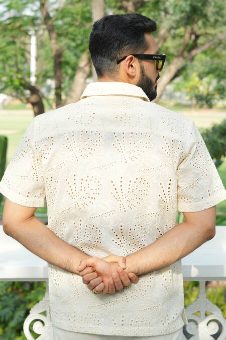 RAAS LIFE_Cream Cotton Cut Work Geometry Embroidered Shirt _at_Aza_Fashions