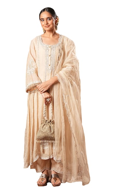 Buy_Sonali Methi_Off White Chanderi Pearls, Embroidery Round Neck Hand Anarkali Set _Online_at_Aza_Fashions