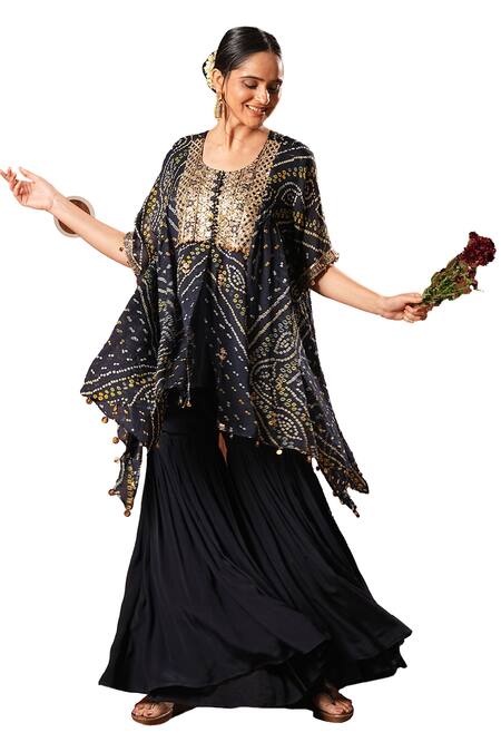 Shop_Sonali Methi_Blue Chinon, Crepe Tassels Round Neck Bandhani Kaftan And Sharara Set _Online_at_Aza_Fashions