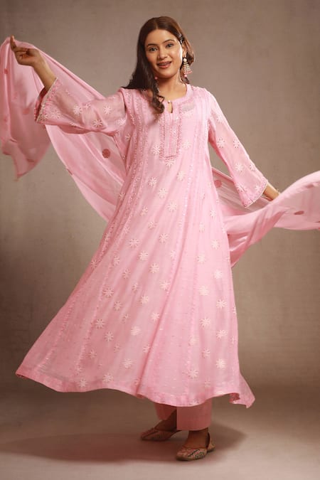 Shop_Sonali Methi_Pink Embroidery Round Neck Hand And Machine Anarkali Set 