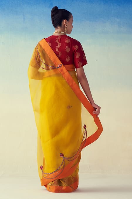 Janki India Yellow Hand Embroidered Saree Set 
