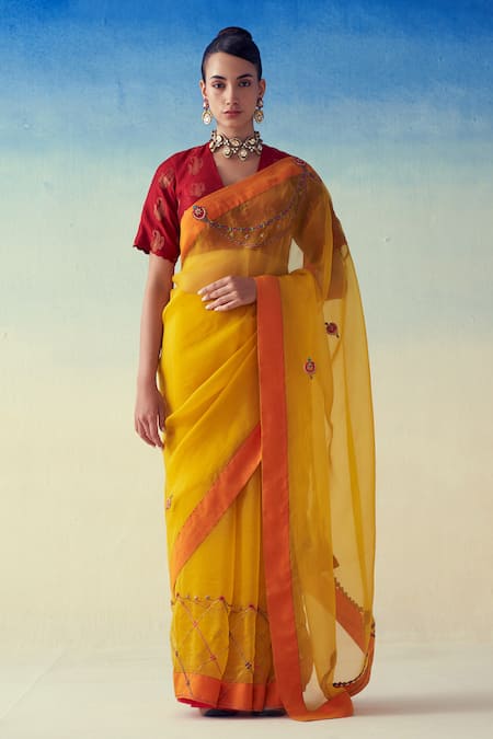 Shop_Janki India_Yellow Organza, Cotton Embroidery Hand Saree Set _Online_at_Aza_Fashions