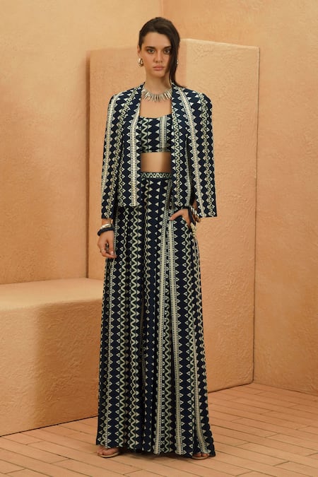 Sva By Sonam & Paras Modi Blue Crepe Open , Round Embellished Cape Jacket Set 