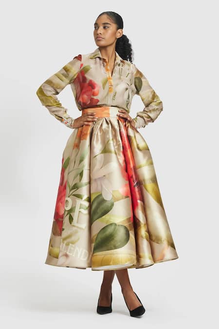 Gauri & Nainika Brown Microfiber Printed Skirt With Carnation Design 