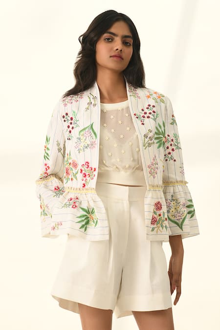 Buy_Payal Pratap_Ivory Viscose, Linen Tailored Pleated Shorts _Online_at_Aza_Fashions