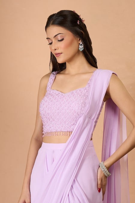 Buy_Aariyana Couture_Lavender Georgette Beads Sweetheart Neck Pre-draped Saree Set _Online_at_Aza_Fashions