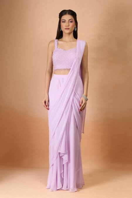 Aariyana Couture_Lavender Georgette Beads Sweetheart Neck Pre-draped Saree Set _at_Aza_Fashions