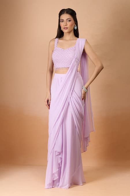 Buy_Aariyana Couture_Lavender Georgette Beads Sweetheart Neck Pre-draped Saree Set 
