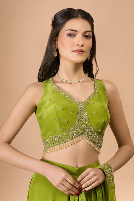 Buy Aariyana Couture Green Crepe Sequins, Beads, Embroidery V-neck Pre-draped Saree With Blouse Online at Aza Fashions Buy_Aariyana Couture_Green Crepe Sequins, Beads, Embroidery V-neck Pre-draped Saree With Blouse _Online_at_Aza_Fashions