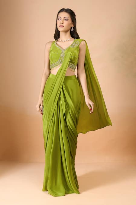 Aariyana Couture Green Crepe Sequins, Beads, Embroidery V-neck Pre-draped Saree With Blouse at Aza Fashions Aariyana Couture_Green Crepe Sequins, Beads, Embroidery V-neck Pre-draped Saree With Blouse _at_Aza_Fashions