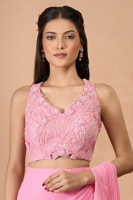 Buy_Aariyana Couture_Pink Georgette Sequins, Embroidery V-neck Pre-draped Saree And Blouse Set _Online_at_Aza_Fashions