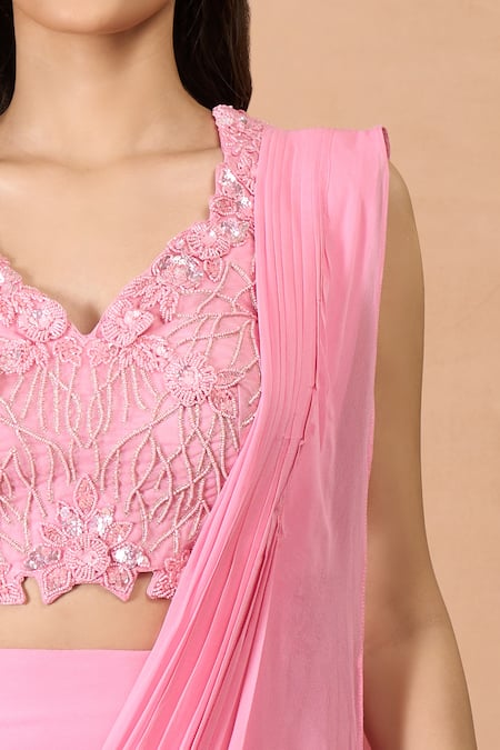 Shop_Aariyana Couture_Pink Georgette Sequins, Embroidery V-neck Pre-draped Saree And Blouse Set _Online_at_Aza_Fashions