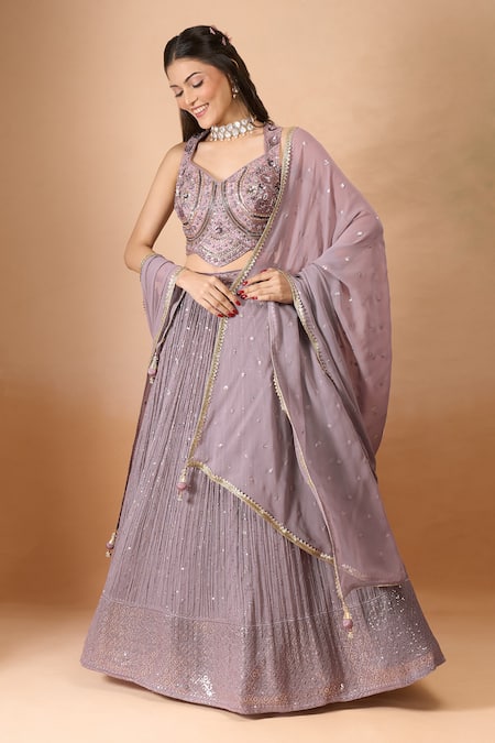 Aariyana Couture Purple Georgette, Silk Sequins, Embroidery, Beads Padded Embellished Lehenga Set