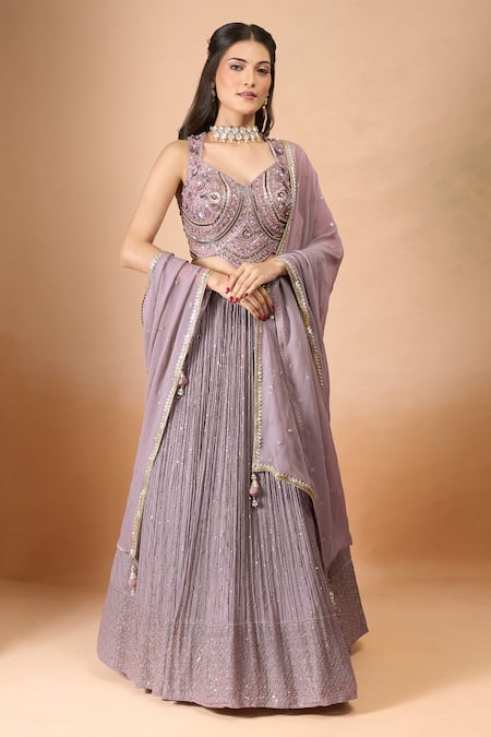Shop_Aariyana Couture_Purple Georgette, Silk Sequins, Embroidery, Beads Padded Embellished Lehenga Set _Online_at_Aza_Fashions