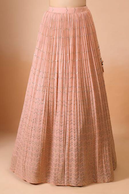 Shop_Aariyana Couture_Peach Silk, Georgette Beads, Sequins Plunge Neck Embroidered Lehenga Set_Online_at_Aza_Fashions