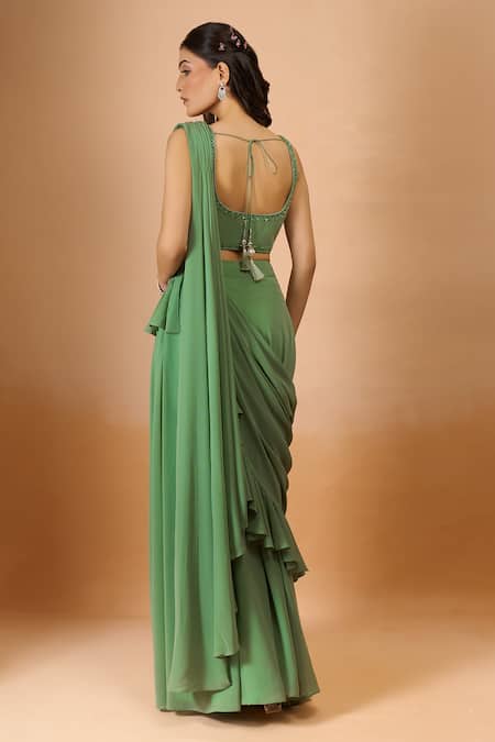 Aariyana Couture Green Pre-Draped Saree With Blouse 