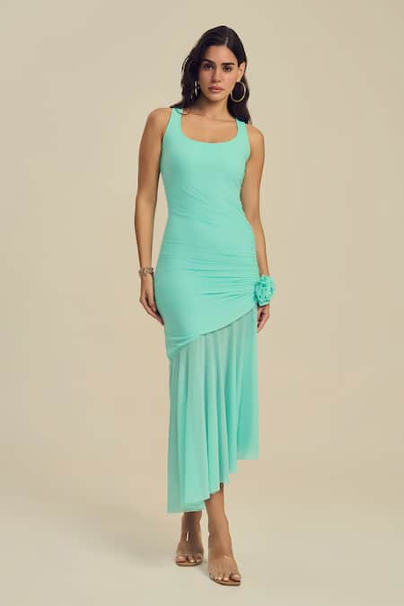 Label Frow Green Lycra, Net Fabric Flowers Round Neck Joy Asymmetrical Dress 