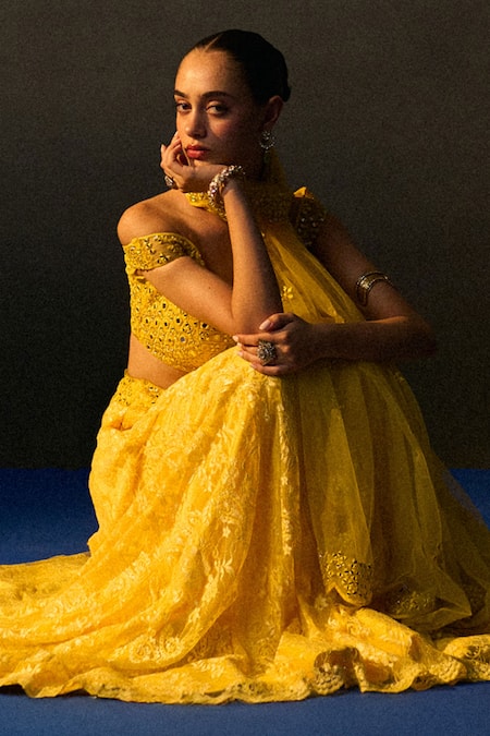 Angad Singh_Yellow Chantelle, Lace Sequins, Beads, Embroidery Designer Mehendi Lehenga Set _Online_at_Aza_Fashions