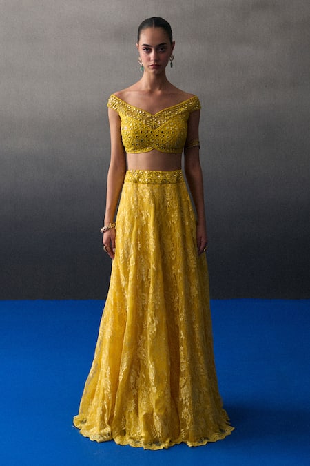 Buy_Angad Singh_Yellow Chantelle, Lace Sequins, Beads, Embroidery Designer Mehendi Lehenga Set _Online_at_Aza_Fashions