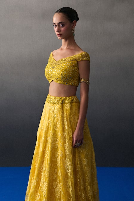 Shop_Angad Singh_Yellow Chantelle, Lace Sequins, Beads, Embroidery Designer Mehendi Lehenga Set _Online_at_Aza_Fashions