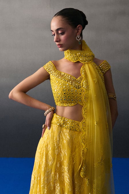 Buy_Angad Singh_Yellow Chantelle, Lace Sequins, Beads, Embroidery Designer Mehendi Lehenga Set 