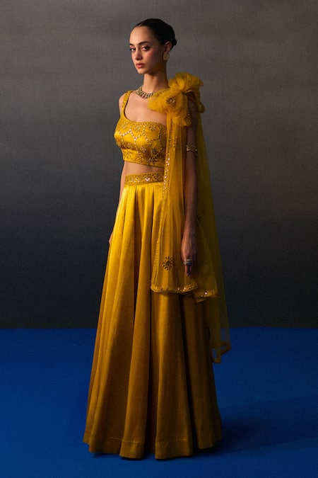 Buy_Angad Singh_Mustard Satin, Silk Sequins, Beads, Embroidery Round Neck Festive Lehenga Set _Online_at_Aza_Fashions