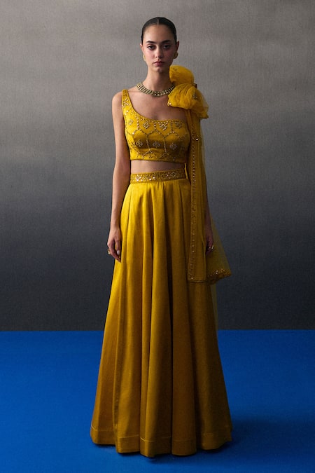 Angad Singh Mustard Satin, Silk Sequins, Beads, Embroidery Round Neck Festive Lehenga Set 