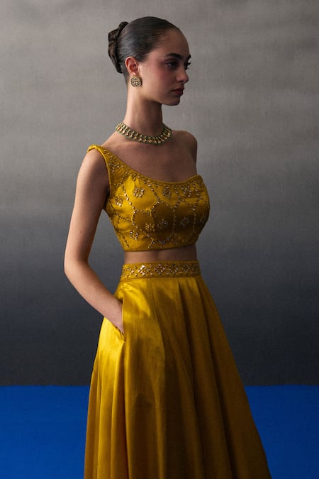 Shop_Angad Singh_Mustard Satin, Silk Sequins, Beads, Embroidery Round Neck Festive Lehenga Set _Online_at_Aza_Fashions